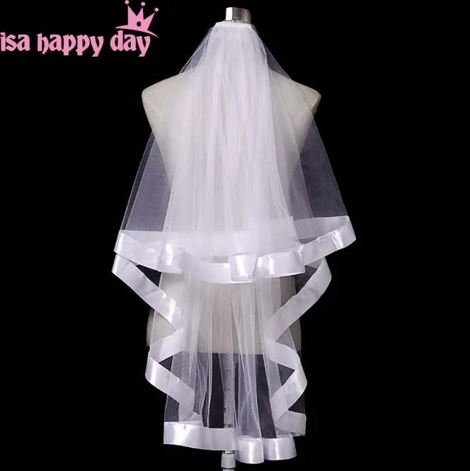 

2020 Simple Tulle Wedding Accessories White Ivory Champagne Two Layers bride Wedding Veils With Comb Ribbon Cheap Bridal Veil