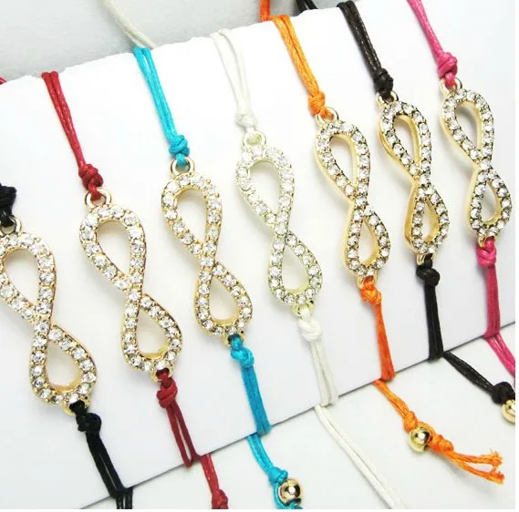 

Mixed Vintage Gold Infinity Symbol Rhinestone Waxed Thread Shambhala Good Luck Bracelet Bangle For Women Accessories 10pcs Z1429