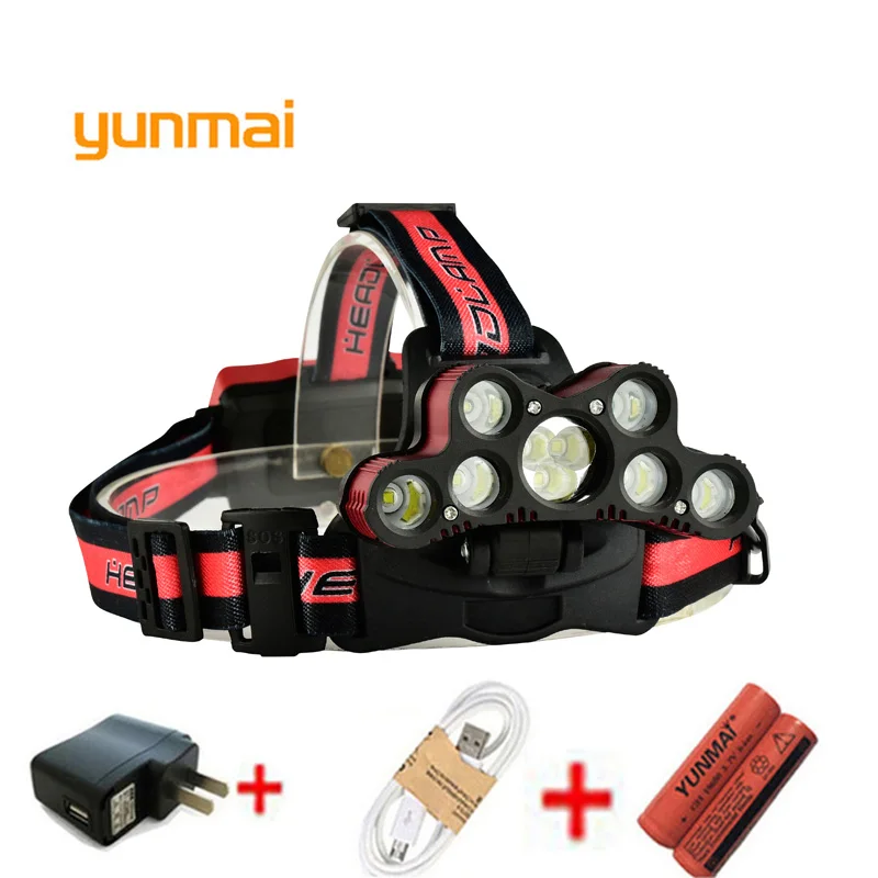 Ультраяркий светодиодный налобный фонарь yunmai 7 * Новый xml t6 + 2 Q5 USB налсветильник
