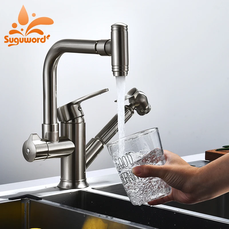 

Suguword Brushed Nickel Kitchen Faucet Pull Out Spray Gun Deck Mounted Rotation Mixer tap Hot cold water