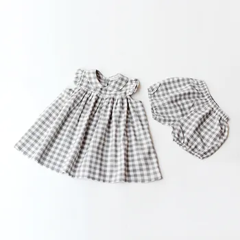 

Kids girls clothes 2020 summer set tiny cotton plaid pattern sleeveless dress +shrots boutique toddler girls summer clothing set