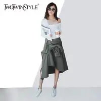 TWOTWINSTYLE Women's Skirt Suit Off Shoulder Slim T Shirt With Lace Up Asymmetrical Skirts Large Size Spring Sexy Casual Clothes