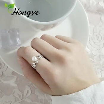 

Hongye 925 Sterling Silver Pearl Ring for Women Tree Leaves Statement Jewelry Female Fine Jewelry Vintage Finger Accessories