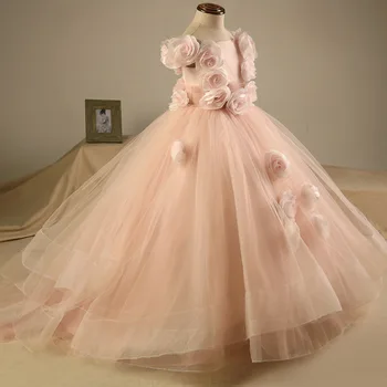 

USWEAR 2020 Flower Girl Dresses For Wedding Sleeveless Ball Gown Appliques Pink Flowers Pageant Dresses For Little Girls Cheap