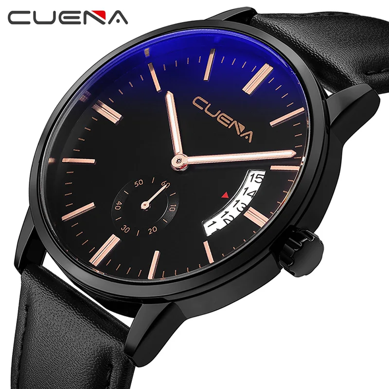 

CUENA Men's Watches Analog Quartz Calendar Black Leather Strap 30m Waterproof Watches Men Fashion Watch 2018 Relogio Masculino