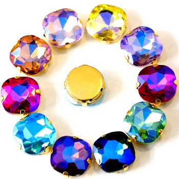 

14mm 20pcs Round Square AB Colorful Glass Sew On Rhinestones With Gold Claw Flatback Red AB Sew on claw Stones For Dress B1038