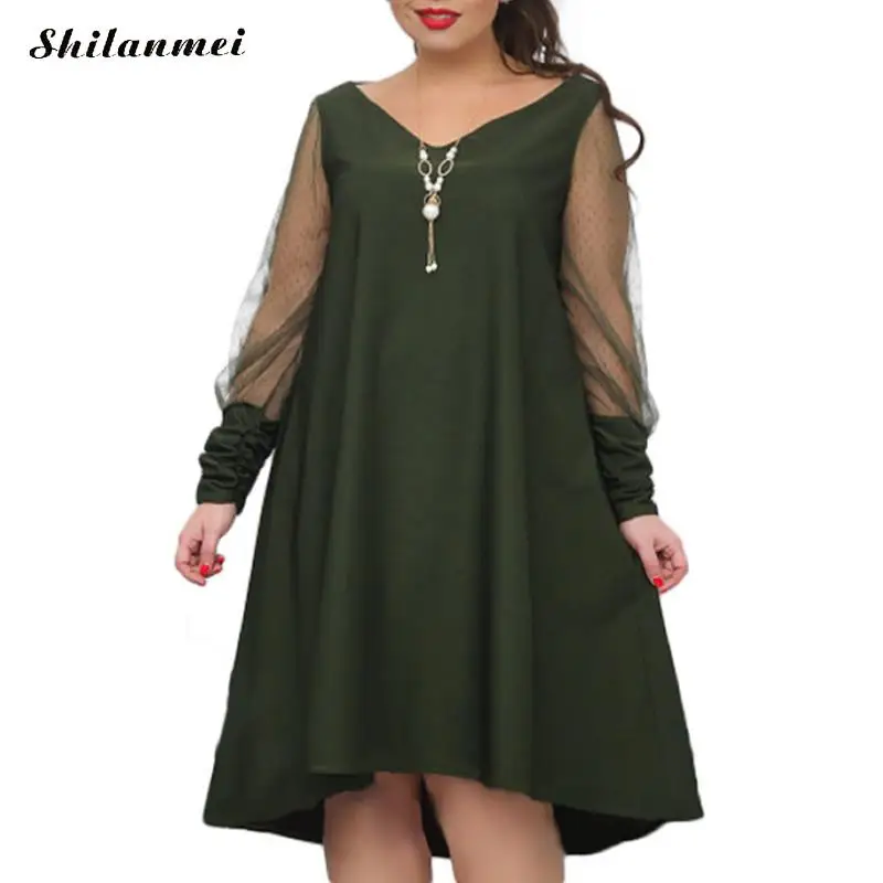 Casual Loose Midi Dress Women Plus Size 6XL 2018 Autumn Long Sleeve A-Line Dresses Summer Mesh Patchwork Irregular Vestidos Robe | Женская