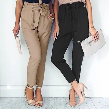 

Pants Women High Waist Elastic Harem Pants Casual Chffion OL Lady Solid Long Trouser