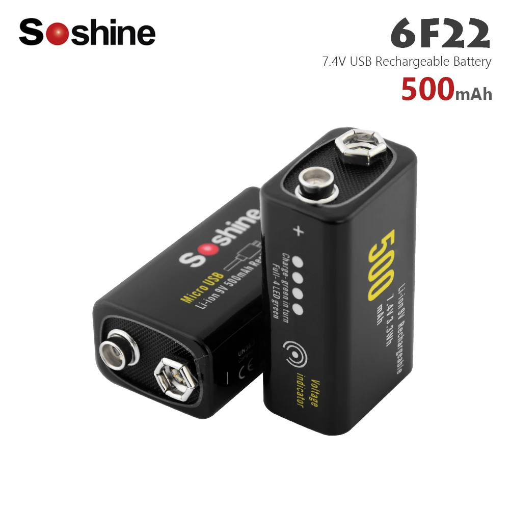 

Soshine 9V 6F22 500mAh Li-ion 7.4V Battery Micro USB Rechargeable Protected batteries power high discharge power bank flashlight