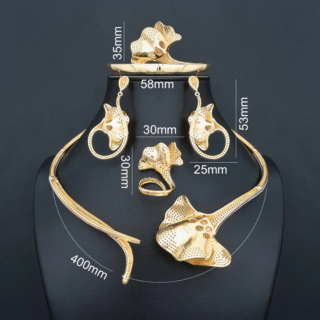 ModemAngel Роскошные подсолнечника кубического циркония 3 тон Медь ожерелье браслет серьги кольцо набор ювелирных изделий для женщин