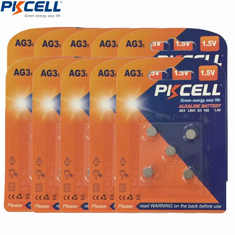 

50Pcs/10Card x G3 Button Batteries PKCELL 1.5V AG3 LR41 LR192 V3GA SR41 192 392 SR736 Alkaline Button Coin Watch Battery