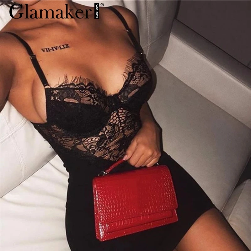 

Glamaker Mesh transparent lace black dress Women strap backless short party dress Female patchwork bodycon sexy dress vestidos