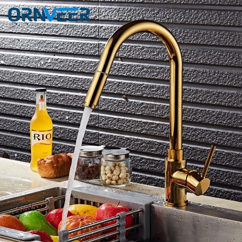 

Household Kitchen Faucets Golden Single Handle Pull Out Kitchen Tap Single Hole Handle Swivel 360 Degree Water Mixer Tap 12092