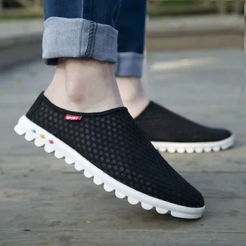 

New Sumer Men Shoes Breathable Men Casual Shoes Nice Fashion Soft Light Mesh Shoes Men Loafers Slip-on Hollow Flat Sandals Black