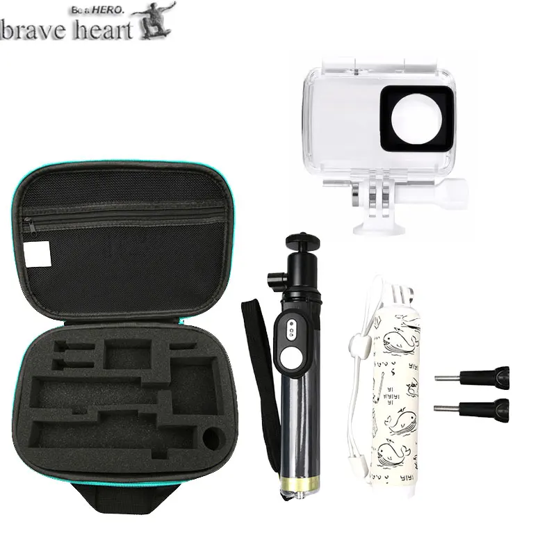 brave heart waterproof case + floaty tripod Monopod selfie stick for xiaomi yi 4K 2 II Xiaoyi actio