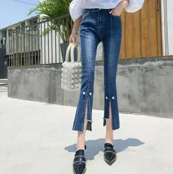 

2019 Spring And Autumn New Flare Nine Denim Pants Female Mid Waist Slim Skinny Jeans Embroidered Flares Split Trousers D98