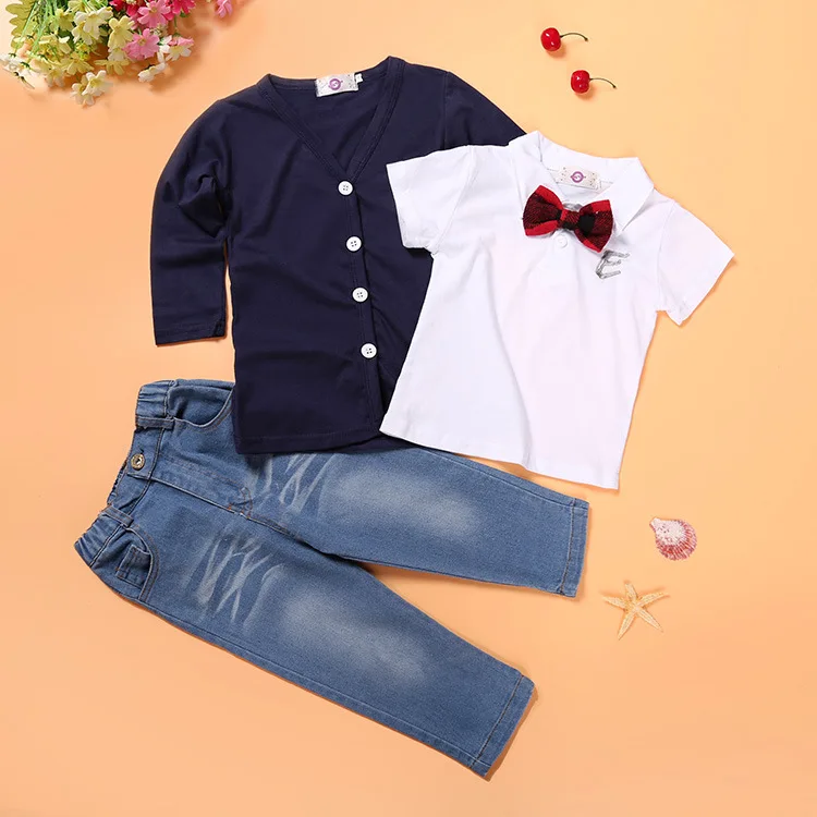 Коллекция года, модная детская одежда для мальчиков Комплекты из 3 предметов, джинсы+ футболка+ пальто, детская повседневная одежда для мальчиков джентльменский костюм