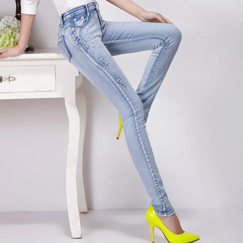 2019 демисезонный для женщин свет Цвет карандаш джинсовые брюки носить smash длинные повседневное бриллиантами бисером джинсы для