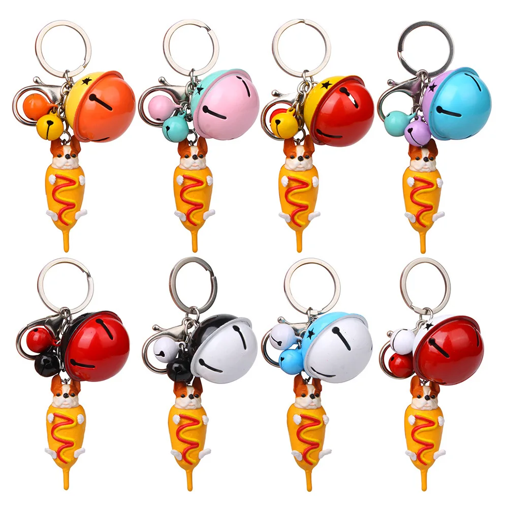 

Hot Dog French Bulldog Keychain Animal Couple Bell Car Key Chain Key Ring Gift For Women Mothers Day Bag Charm