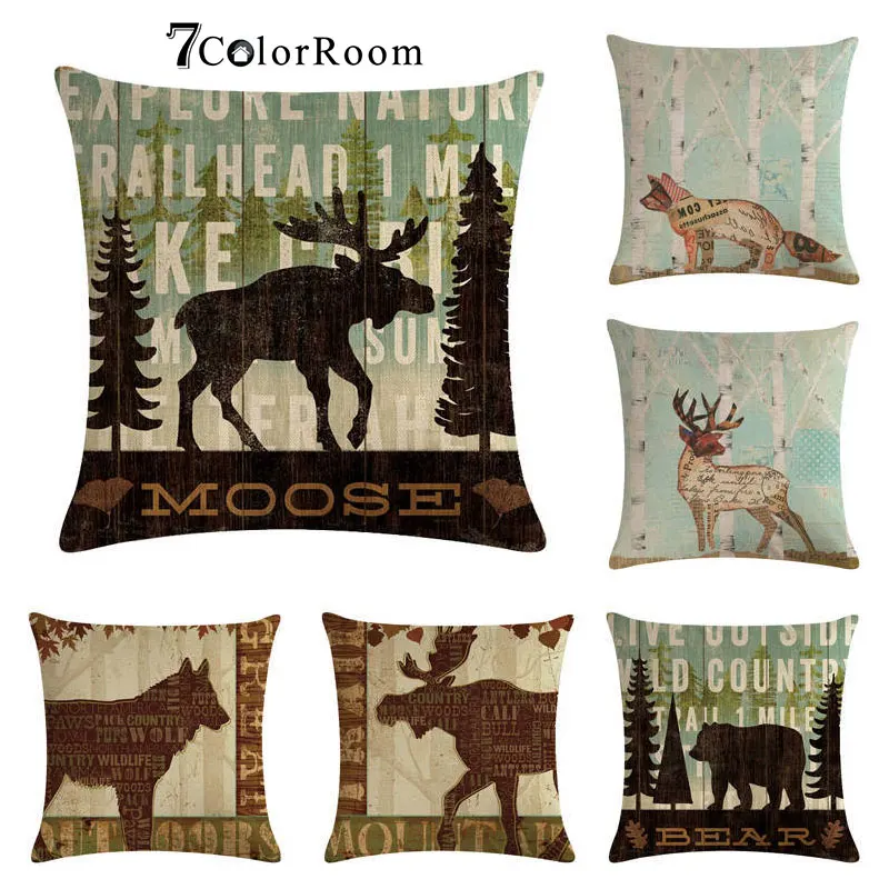 

Animal Cotton linen Cushion Cover Fox Deer Elk Bear Moose Wolf Throw Pillow Cover for Home Decor Sofa Retro pillowcase 45*45 CM