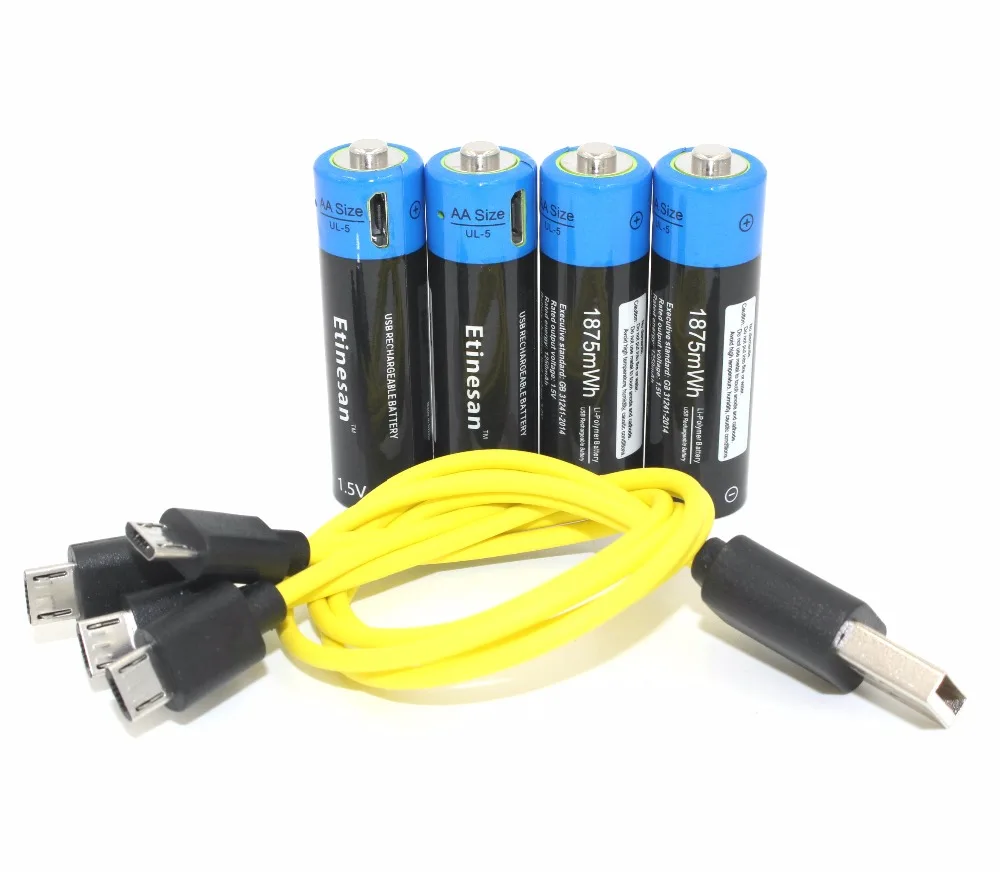 

New technology! 4pcs ETINESAN 1.5V AA 1250mAh/1875MWH li-polymer li-po rechargeable lithium li-ion battery with USB cable pack