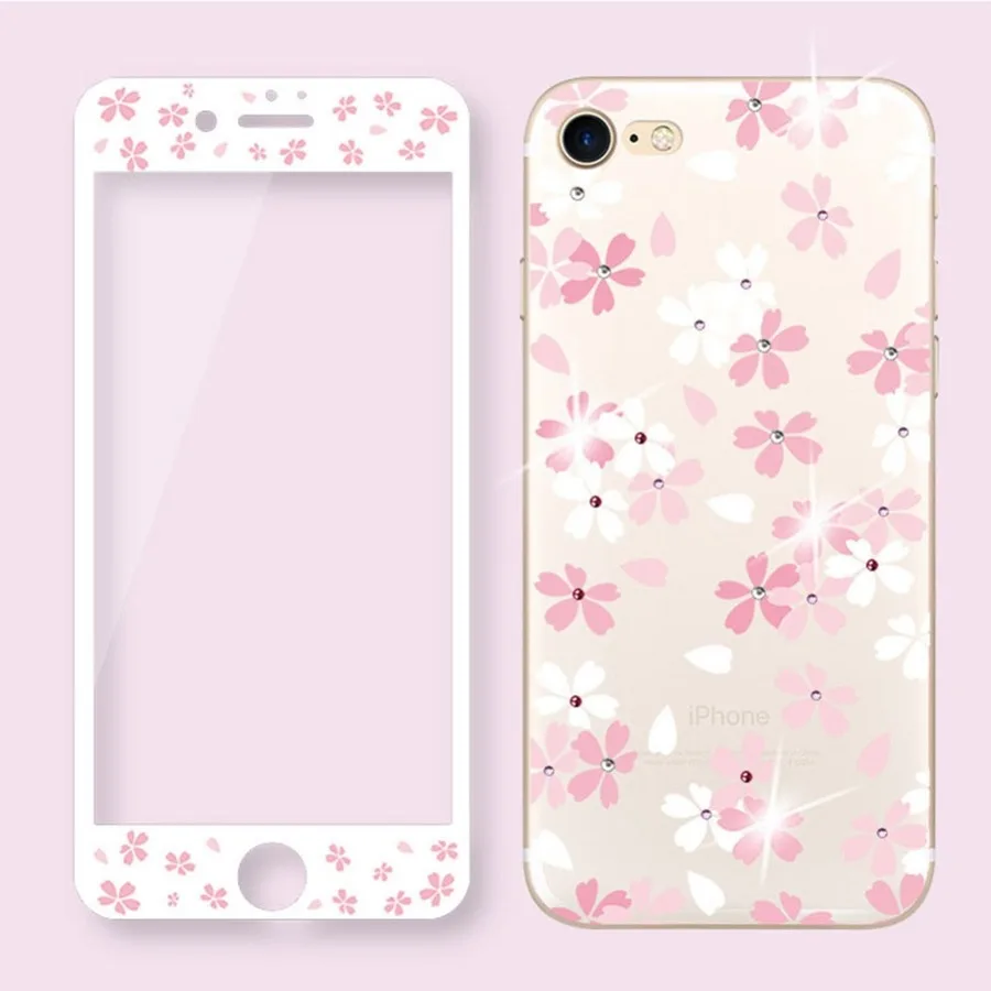 

2 in 1 Phone Case Screen Protector for iPhone 8 7 6 6S Plus Soft Cartoon 3D Relief Floral Back Cover Shell Tempered Glass Film