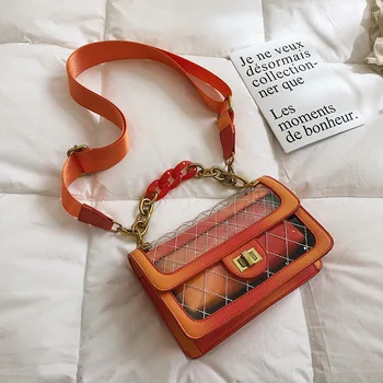 

Clear bag Lingge chain jelly bag 2019 spring and summer new small square wide shoulder strap single shoulder oblique satchel