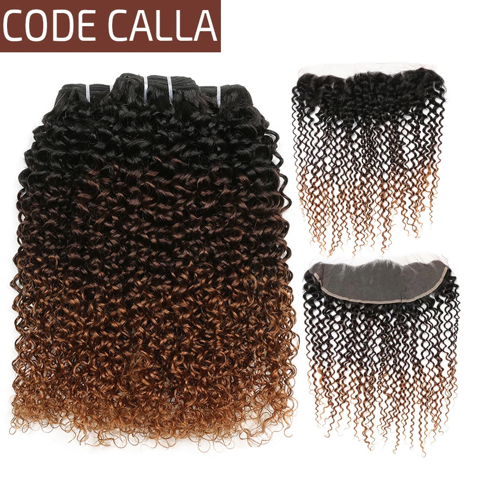 

Code Calla Ombre Color Kinky Curly Hair Bundles With Lace Frontal Free Part Brazilian Raw Virgin Human Hair Bundles With Frontal