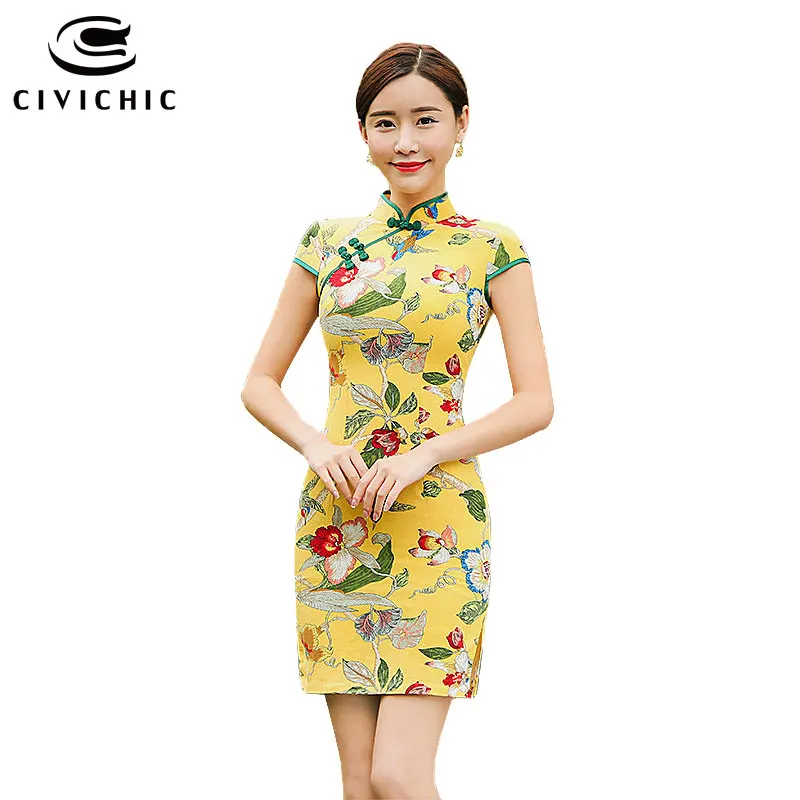 

CIVICHIC New Women Improving Chinese Cheongsam Floral Print Linen Dress Comfortable Cotton Slim Qipao Lady Elegant Vestido QP103