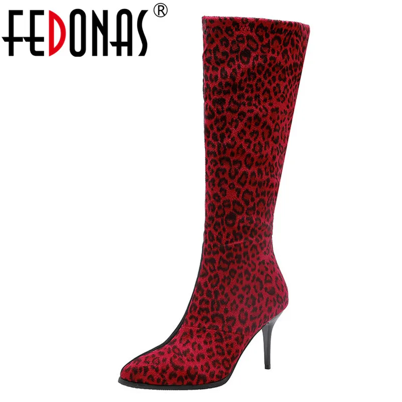 

FEDONAS Fashion Women Side Zipper Knee High Boots Autumn Winter Warm Riding Boots Sexy Leopard Party Thin High Heels Shoes Woman