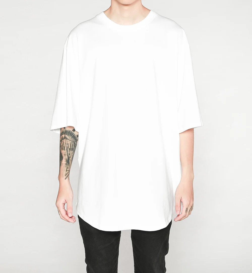 

Round Extended Curved Hem Edge Long Line Plain Basic Streetwear Oversize Loose Top Hip Hop Off White Summer Workout Tshirt Men
