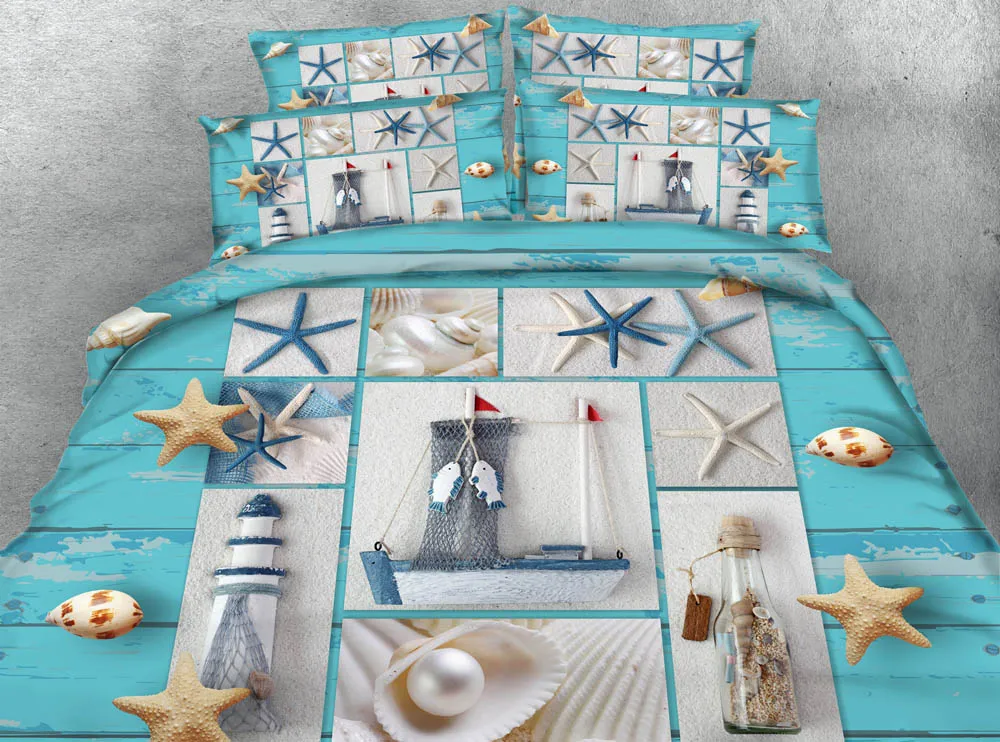 JF-347 Ocean elements home decoration 4pcs shell starfish duvet cover bedding sets single queen super king size bedlinen 3d sham | Дом и сад