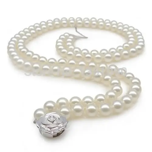 

000597 Natural Highest TOP quality 7-8mm Double strand Pearl necklace (17" 18") (A0513)