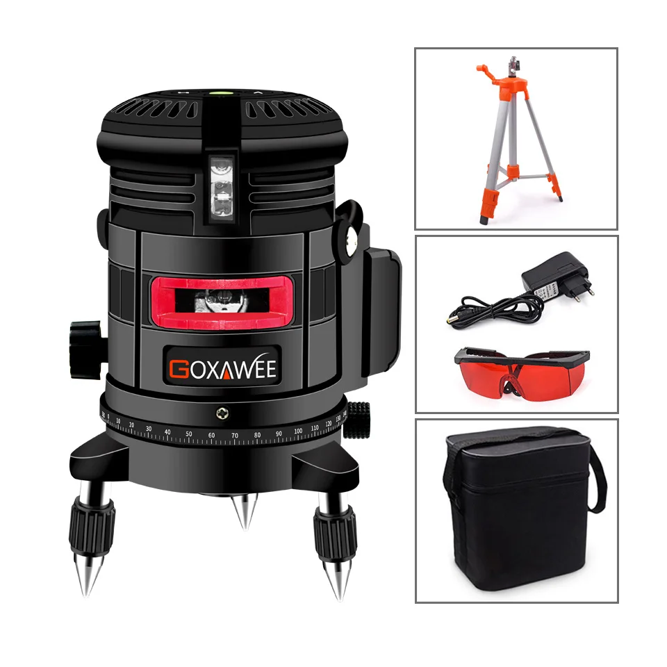 Billige GOXAWEE Laser Ebene 360 Grad 3D Grün Rot Kreuz Linie Laser Level Messgeräte Stativ für Nivel Laser 5 Linien 6 punkte