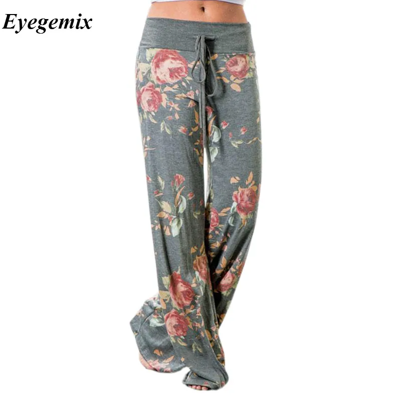 

2018 Summer Bohemian Floral Pants High Waist Lace up Career Wide Leg Trousers Loose Pants New Gray Black Blue Plus Size S-XXXL