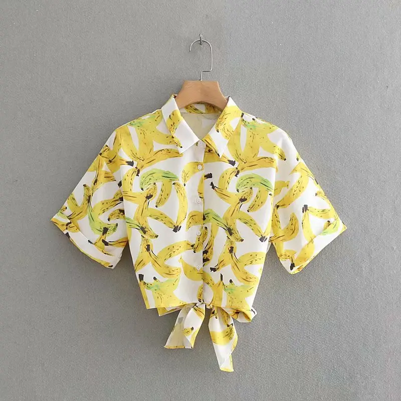

2019 women fashion banana print casual yellow blouse shirts women back bowknot chemise short sleeve femininas blusas tops LS3330