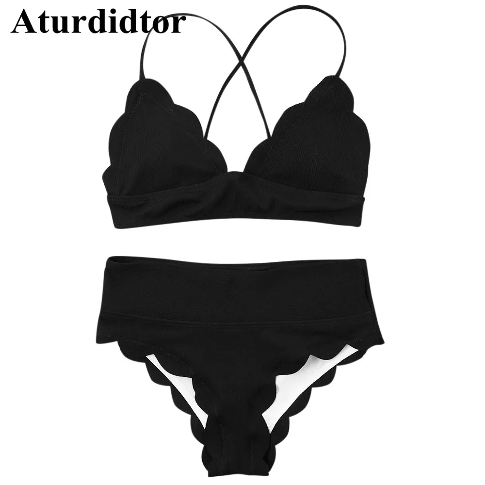 Scalloped Lace Up Back High Waist Black Bikini Set Swimwear Women Two