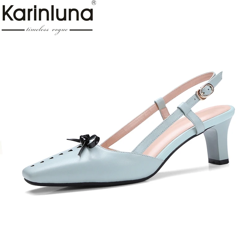 

KarinLuna Size 34-39 Women Bow Tie Ankle Strap Chunky High Heel Party Wedding Shoes Sexy Square Toe Less Platform Pumps
