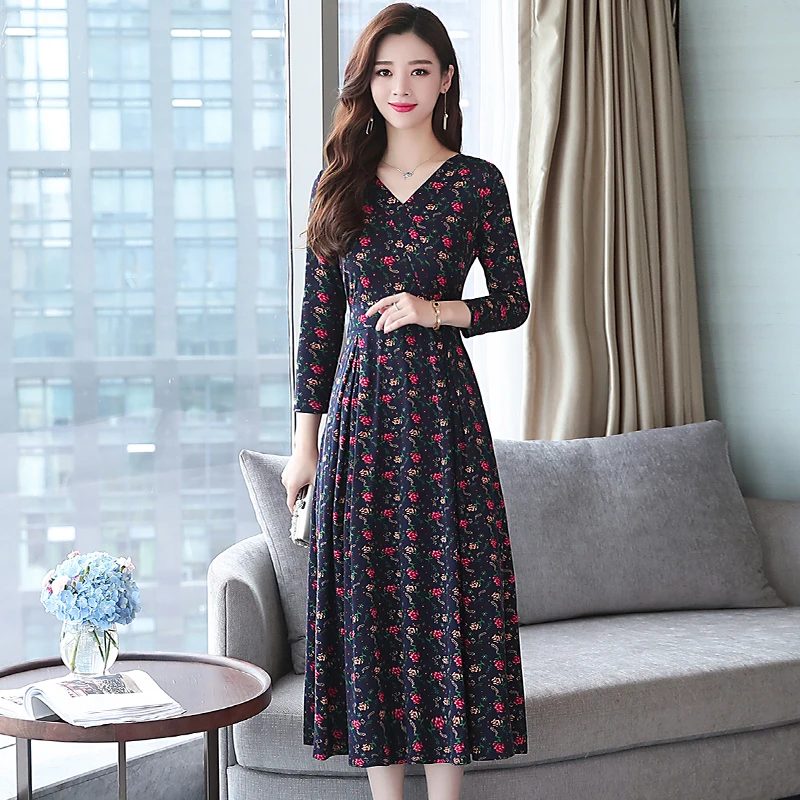 

Spring Autumn Elegant Office Lady vestidos V Neck slim defined waist knit Plus size Long maxi dress women floral dress