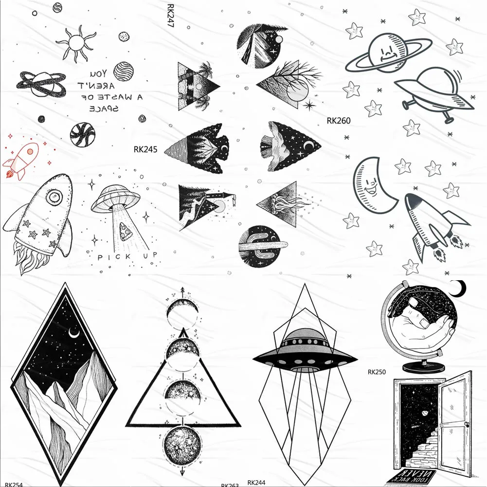 Маленькие гаджеты Вселенная Галактика черные Временные татуировки для детей наклейки поддельные татуировки космический корабль Пользовательские НЛО милые татуировки для детей