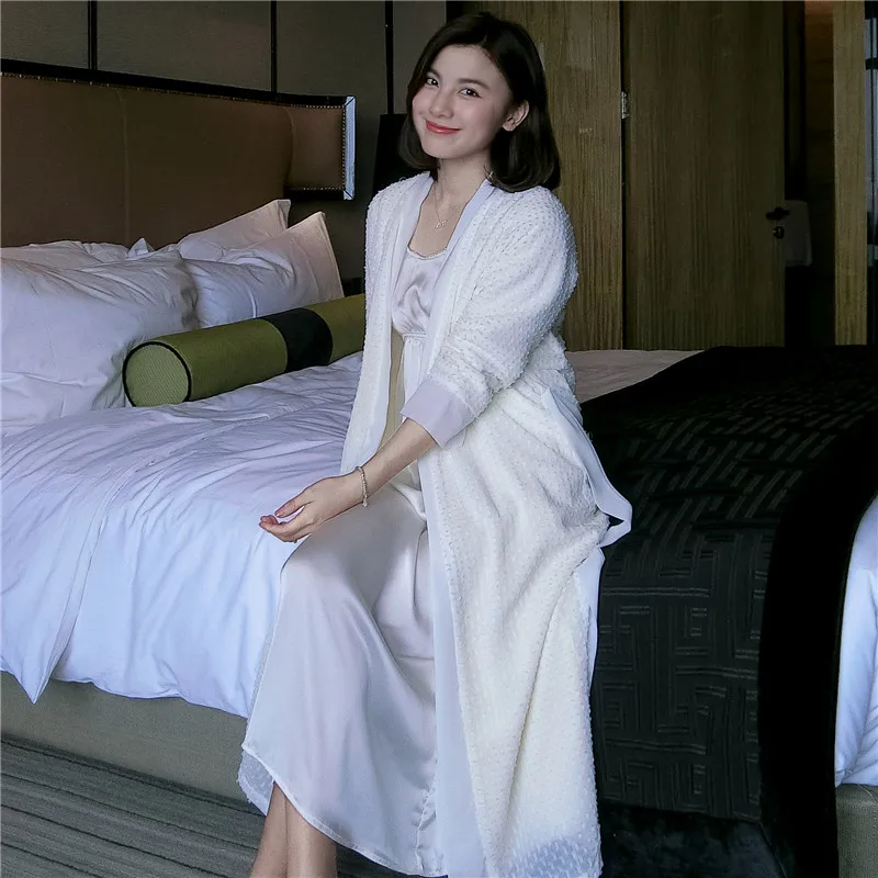 

Free Shipping Autumn Female Robes Sets High Quality Bathrobes Kimono Long-Sleeved Sleepwear Women Two-Piece Nightgown Sexy Dress