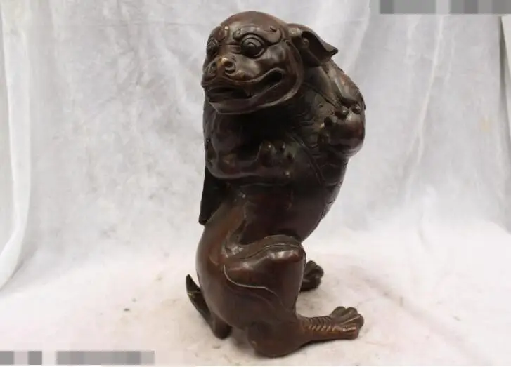 

S02980 9"China Folk Purple Bronze carved eximous lifelike Stand animal Lion Statue B0403