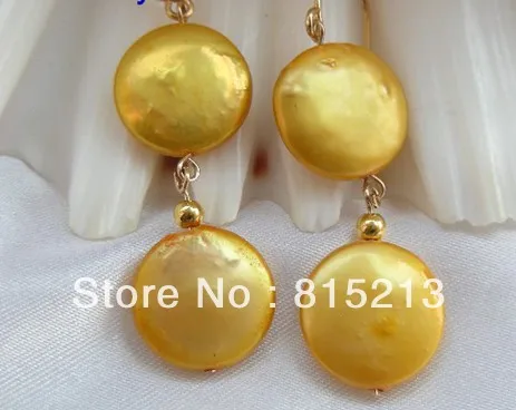

wb00337 stunning big 13mm round gold coin freshwater pearl dangle earrings 14K