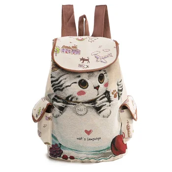 

Cute Cat Backpack For Teenage Girls Large Capacity School Bag Women Canvas Drawstring Printing Backpacks