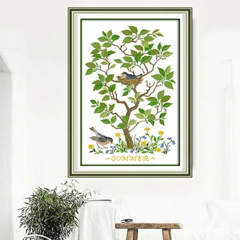 

Handmade Ribbon Embroidery Tree Bird Painting Kit Cross Stitch DIY Decor