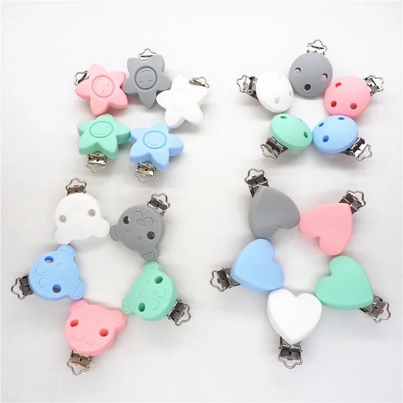 

Chenkai 10PCS Silicone Round Heart Star Bear Teether Clips DIY Baby Pacifier Dummy Teething Chain Holder Soother Toy Clips