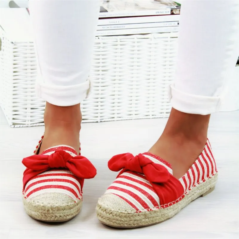 

EOEODOIT 2019 Autumn Women Espadrilles Round Toe Slip On Plus Size Casual Cozy Sneakers Female Flat Heel Stripe Knot Loafers