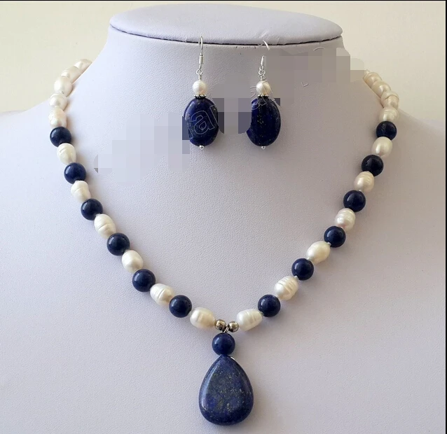 

Miss charm Jew.387 Natural white Pearls & Dark Blue Lapis Lazuli Necklace & Earrings Jewelry Set hot
