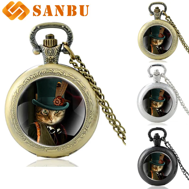 Античная бронза Панк кошка кварцевые карманные часы Винтаж для мужчин женщин стимпанк Скелет Кулон ожерелье антикварные ювелирные изделия