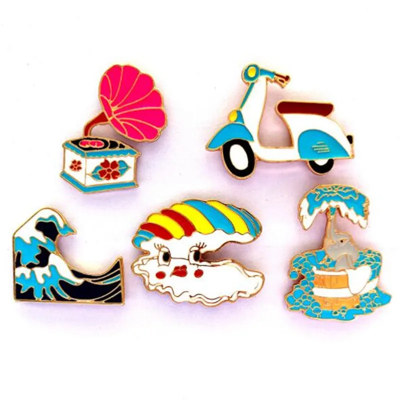 

WKOUD Cartoon Phonograph Gramophone Motorcycle Blue waves Elephant Pin Water spray Bath Brooch Pin Button Lapel Pin Metal Badge